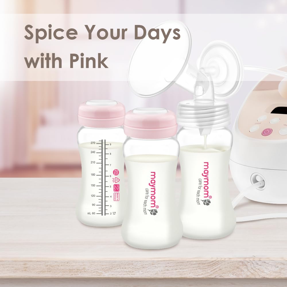 Maymom Wide-Mouth Milk Storage Feeding Collection Bottle with Nipple, Dome Cap, Bottle Top, SureSeal Sealing Disk; Compatible with Spectra Pump/Motif Luna; 5 pc (4.7Oz/140mL)