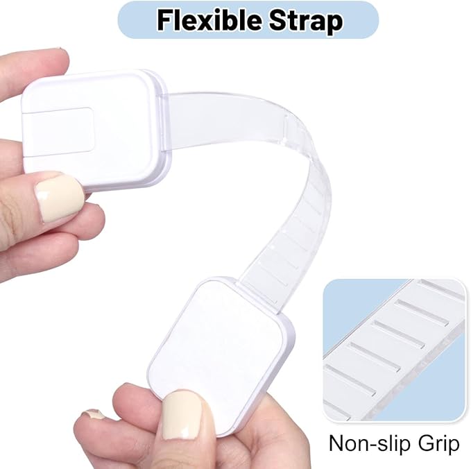 10-Pack Adhesive Baby proofing Strap Locks, Child Proof Cabinet Latches for Drawers, Microwave, Oven, Trash Can, Refrigerator, Toilet Lid, Adjustable No Drilling Need