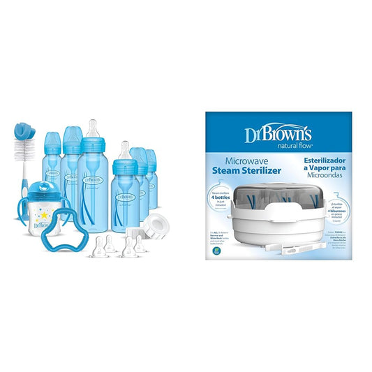 Dr. Brown's Anti-Colic Pink Baby Bottle Gift Set with 3 8oz & 3 4oz Bottles, Nipples, Cup, Teether, Brush & Microwave Steam Sterilizer for Bottles & Parts