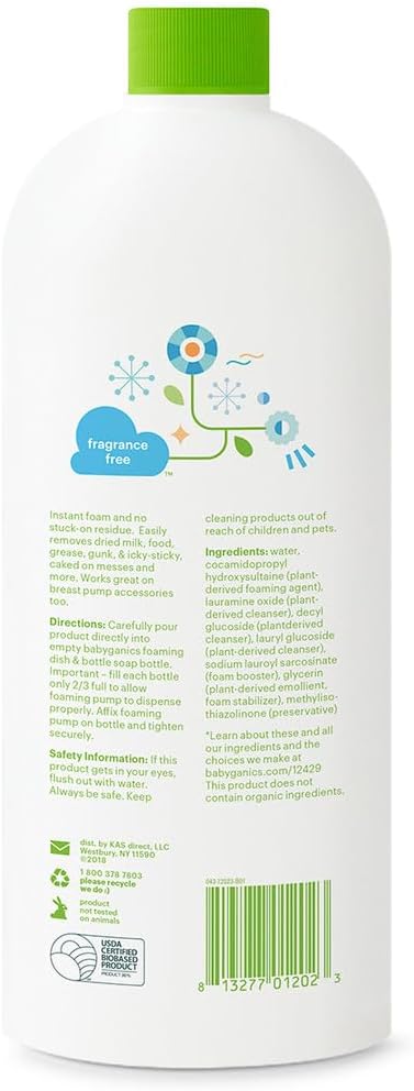 Babyganics Foaming Dish & Bottle Soap, Fragrance Free, Removes Dried Milk, 32 Fl Oz (Pack of 2), Packaging May Vary