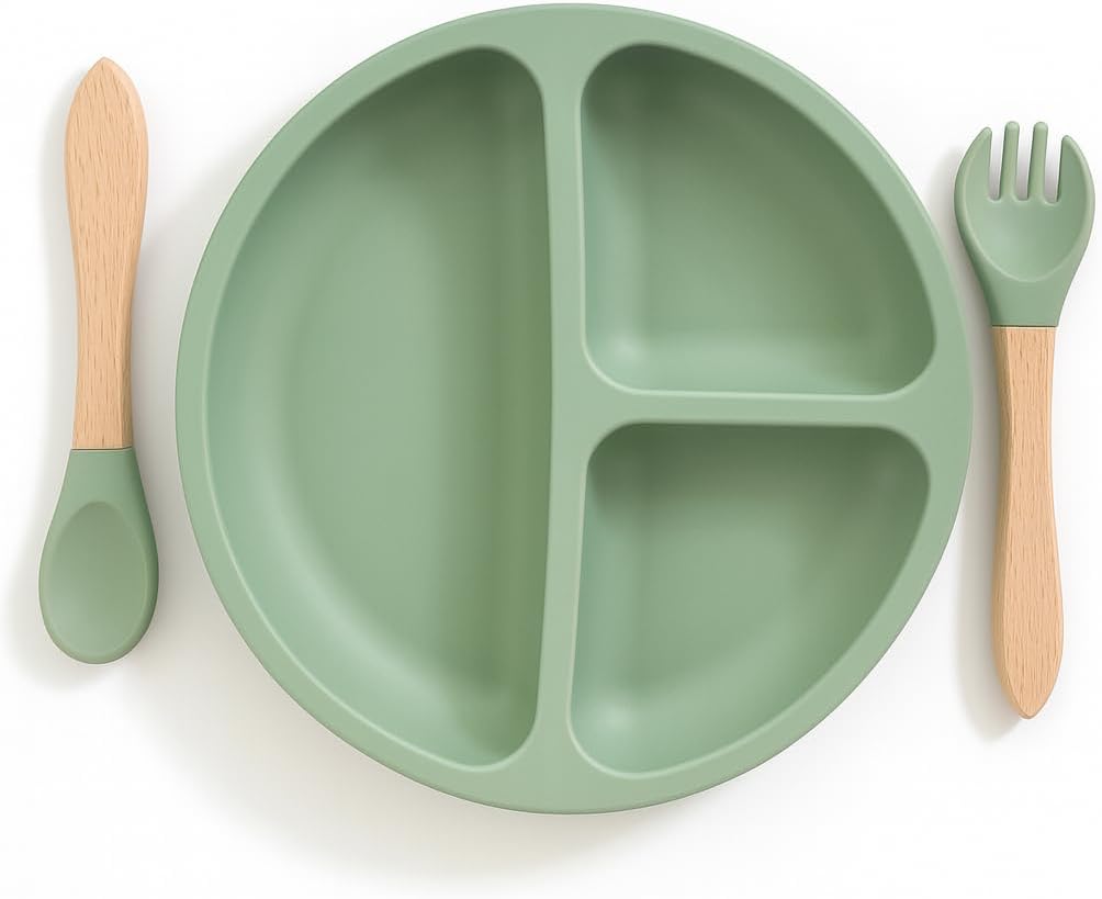 NurtureNest Silicone Toddler Feeding Set – Suction Plate & Bowl, Toddler Spoon & Fork, BPA-Free, Dishwasher Safe, Microwave Safe, Sage Green
