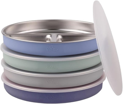 Elk and Friends Stainless Steel Divided Plates with Silicone Sleeve for Babies & Toddlers | Lids Included | Stay Put Suction | Dinner & Snack Plates | 4 Pack