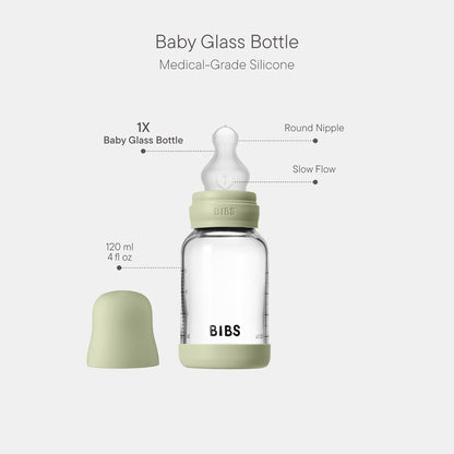 BIBS Baby Glass Bottle. 4 US fl oz / 120 ml. Anti-Colic. Vented Round Silicone Nipple. Supports Natural Breastfeeding, Slow Flow, Complete Set - Sage