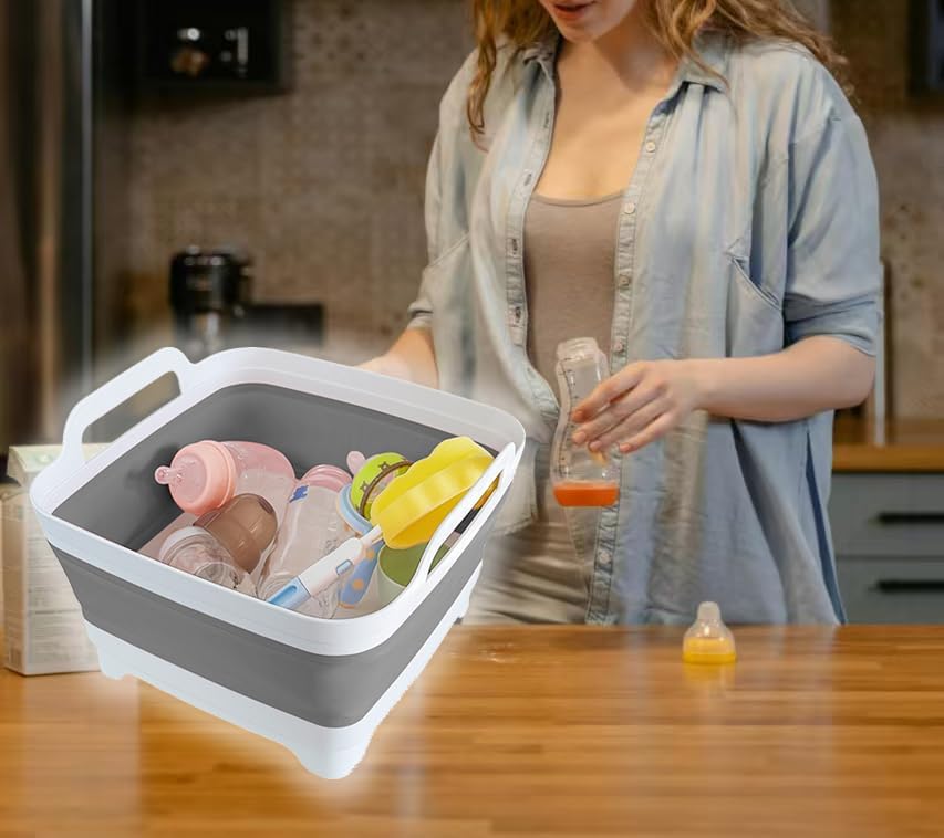 GIMWA Collapsible Wash Basin for Baby Bottles - 2.4 Gallons Portable Wash Bin for RV Camping Sink, Space-Saving Dish Tub (Pink)