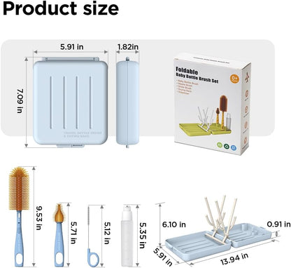 YOTIME Travel Bottle Brush, Travel Bottle Cleaner Kit with Foldable Bottle Drying Rack, for Visit Friends and Relations, Baby Travel Essentials, BPA Free, Green