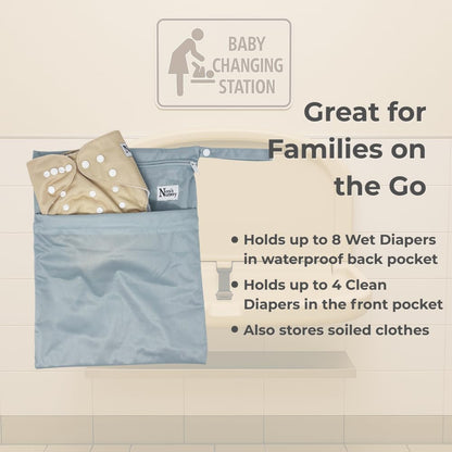 Nora's Nursery Reusable Wet Dry Bag for Cloth Diapers, Washable Pod with Large Zipper Opening, 2-Pack Waterproof Diaper Pods with Detachable Snap, Wet Bags for Cloth Diapers