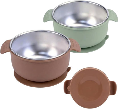 Stainless Steel Baby Suction Bowls with Handles 2 Pack, Non-Slip Children Food Bowl with Silicone Sleeve for Kids Toddlers Infants, Unbreakable & Non Toxic (Sage Green & Mocha Mousse)