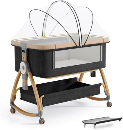 Baby Bassinet, Bedside Bassinet for Baby, 4 in 1 Portable Bassinet Bedside Sleeper with Wheels Mosquito Net & Storage Basket, 6 Height Adjustable Rocking Bassinet for Newborn Baby