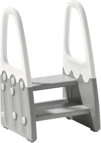 Two Step Stool with Handrails for Toddler and Kids, Standing Learning Stool Tower for Bathroom Sink, Potty Training, Children Step Up Learning Helper with Handles and Safety Non-Slip Pads(Gray)