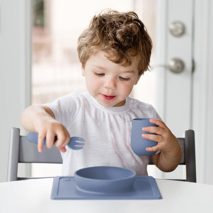 ezpz Mini Bowl (Pewter) - 12 Months+ - 100% Silicone Suction Placemat + Bowl for Toddlers - Comes with a Reusable Travel Bag
