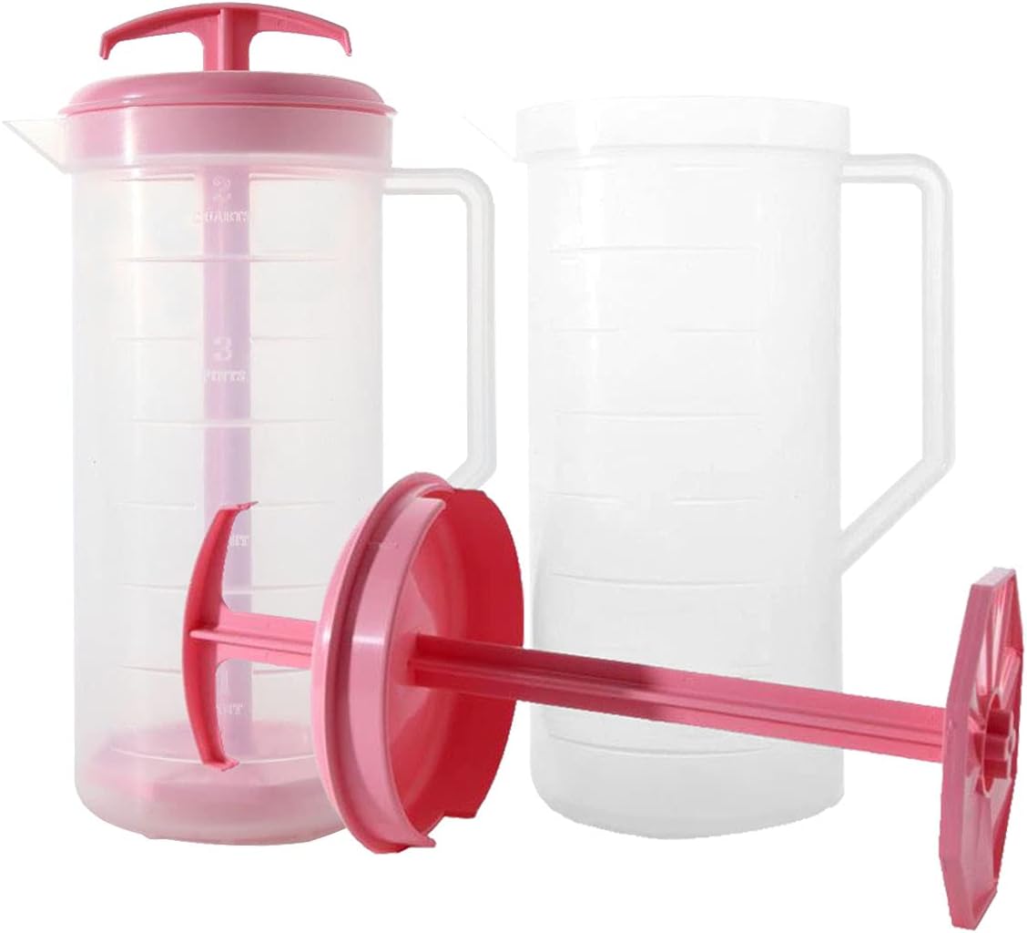 JBK Pottery 2-Quart White Mixing Pitcher with Plunger – BPA-Free Plastic Mixing Jug for Juice, Milk, Tea, Shakes, and More – Dishwasher-Safe, Spill-Proof Lid, Smart Stirring Design