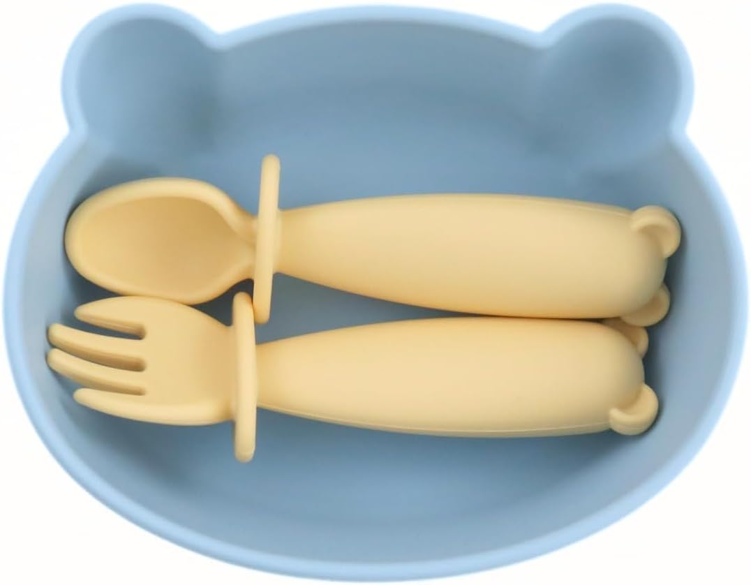 Silicone Bear Shaped Baby Bowl with Suction, Spoon & Fork for Babies 6+ Months, Infant Feeding BLW Baby Essentials Must Haves, BPA Free, Dishwasher Safe (Very Bear)