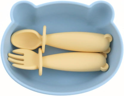 Silicone Bear Shaped Baby Bowl with Suction, Spoon & Fork for Babies 6+ Months, Infant Feeding BLW Baby Essentials Must Haves, BPA Free, Dishwasher Safe (Very Bear)