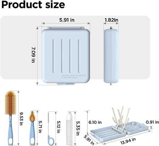 YOTIME Travel Bottle Brush, Travel Bottle Cleaner Kit with Foldable Bottle Drying Rack, for Visit Friends and Relations, Baby Travel Essentials, BPA Free, Green