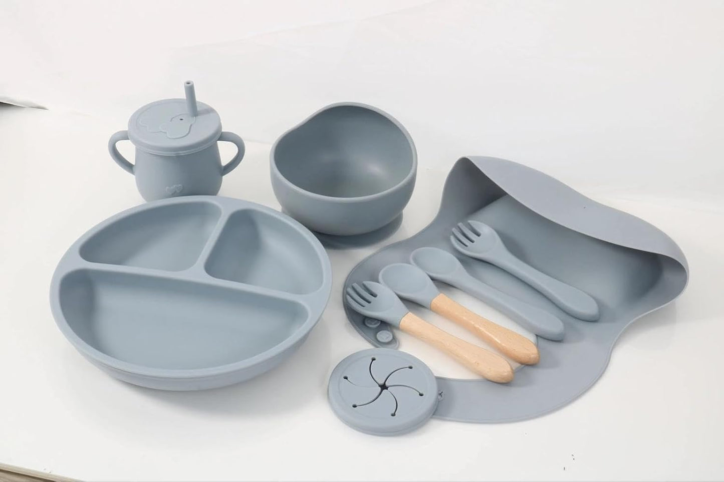 7-Piece Silicone Baby Feeding Set, Non-Toxic Plates and Utensils, Includes Divided Plate, Suction Bowl, Sippy Cup, Bib, Spoons and Fork (blue)