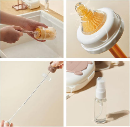 Baby Bottle Drying Rack and Cleaning Set, 7 in 1 Bottle Cleaning Brush Set with Silicone Bottle Brush, Straw Brush, Nipple Brush, Soap Dispenser, Storage Box, Drying Rack for Baby Bottle (Brown)