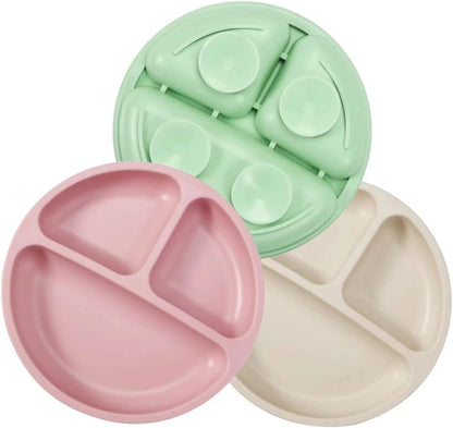 PandaEar 3 Pack Divided Unbreakable Silicone Baby and Toddler Plates - Non-Slip - Microwave Safe - Silicone (Pink Green Light Tan)
