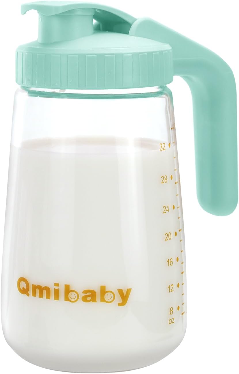 Breast Milk Storage Pitcher 34oz, Borosilicate Glass Breast Milk Container with Leakproof Lid & Handle, BPA Free Fridge Freezer Safe Breastfeeding Essentials for New Mom (Green)
