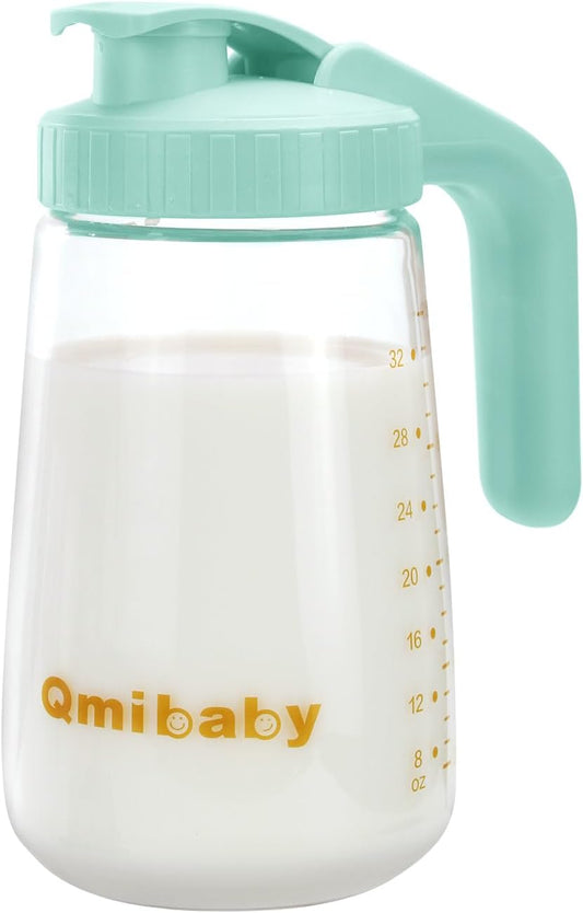 Breast Milk Storage Pitcher 34oz, Borosilicate Glass Breast Milk Container with Leakproof Lid & Handle, BPA Free Fridge Freezer Safe Breastfeeding Essentials for New Mom (Green)