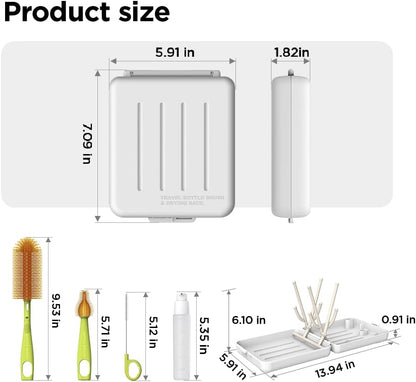 YOTIME Travel Bottle Brush, Travel Bottle Cleaner Kit with Foldable Bottle Drying Rack, for Visit Friends and Relations, Baby Travel Essentials, BPA Free, Green