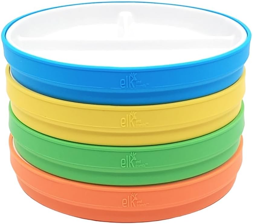 Elk and Friends Kids 7.8” Porcelain Divided Plates with Silicone Sleeves | Suitable for Babies/Kids/Toddlers | Microwave & Dishwasher Safe | Non Slip | Snack Dishes
