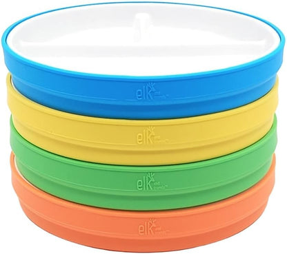 Elk and Friends Kids 7.8” Porcelain Divided Plates with Silicone Sleeves | Suitable for Babies/Kids/Toddlers | Microwave & Dishwasher Safe | Non Slip | Snack Dishes
