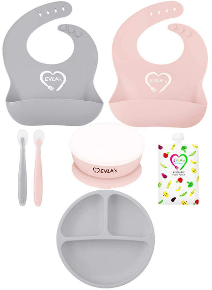 EVLA'S Baby Feeding Set, Baby Led Weaning Supplies, Adjustable Silicone Bibs, Divided Plate, Suction Bowl with Lid, Soft Spoons for Babies or Toddlers, Baby Registry must have!(Pink and Purple)