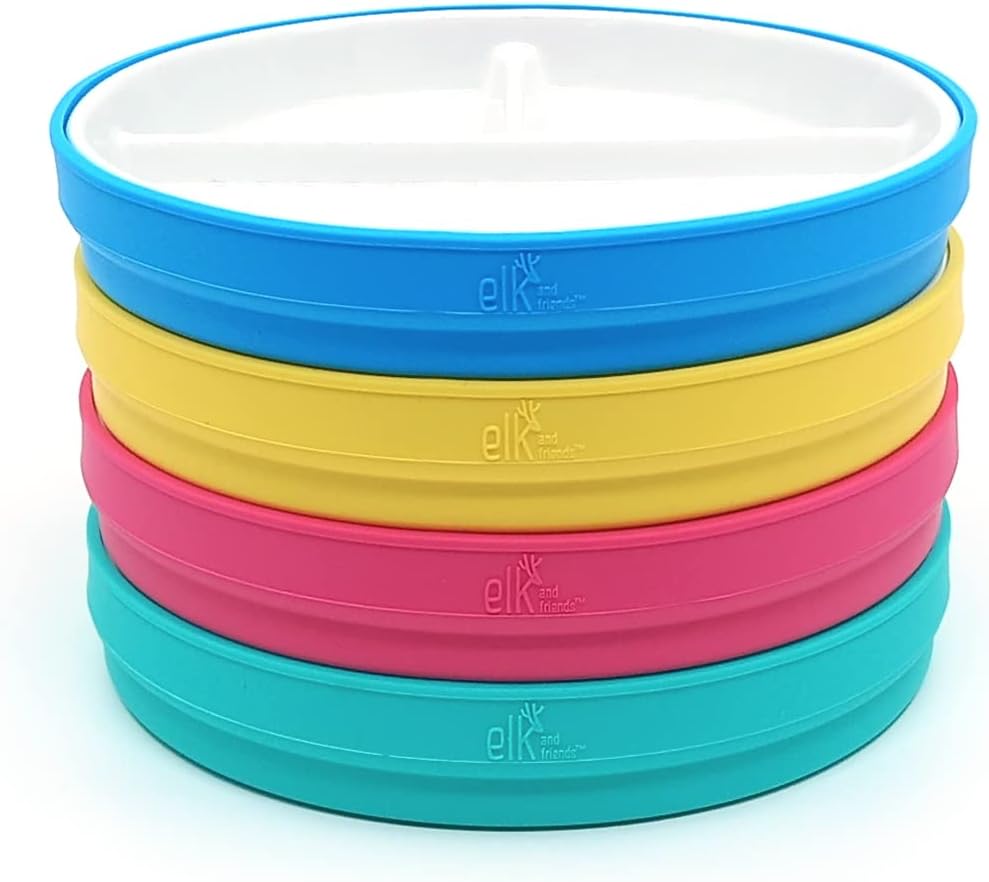 Elk and Friends Kids 7.8” Porcelain Divided Plates with Silicone Sleeves | Suitable for Babies/Kids/Toddlers | Microwave & Dishwasher Safe | Non Slip | Snack Dishes