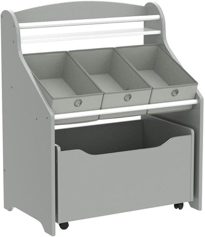 Humble Crew 3-in-1 Kids Bookshelf and Toy Storage Organizer, Grey - Toddler Organizers with Rolling Toy Box and 3 Fabric Bins – Sturdy Baby Book Shelf, Perfect for Nursery and Playroom