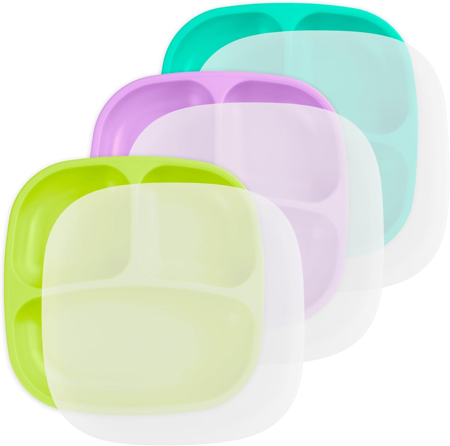Re-Play Toddler Plates with Dividers - Deep-Walled 3 Compartments Divided Plates for Kids - Dishwasher & Microwave Safe - Made in USA - Set of 3-7.37" x 7.37" x 1.25" - Beach Baby