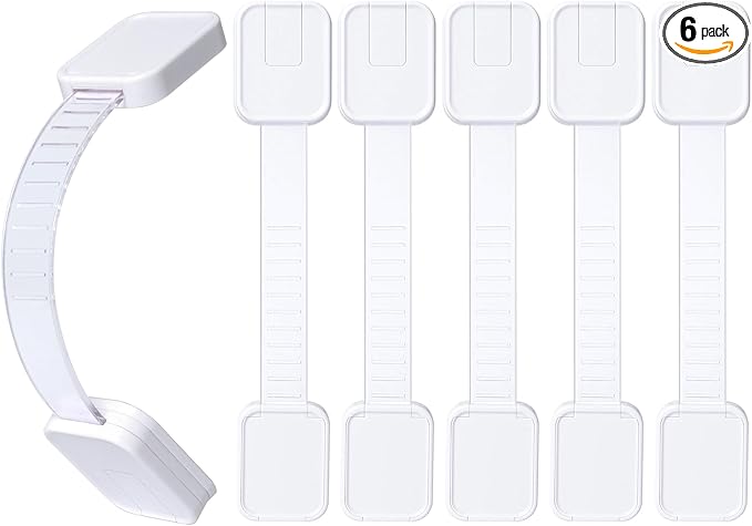 6-Pack Adhesive Baby proofing Strap Locks, Child Proof Cabinet Latches for Drawers, Microwave, Oven, Trash Can, Refrigerator, Toilet Lid, Adjustable No Drilling Need