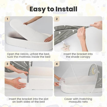 Portable Baby Bassinet- Travel Bassinet for Newborn and Infant, Suitable for Indoor & Outdoor Carry, Lightweight Foldable Washable, Portable Bassinet for Baby Travel, Portable Travel Bassinet, Grey