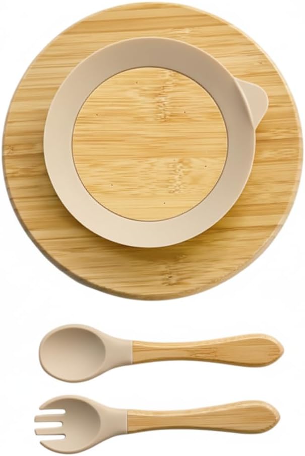Bamboo Baby Plates with Suction, Toddler Plates for Self Feeding, Eco Friendly Baby Feeding Plate Set, Divided Plate for Baby Boy & Baby Girl, BPA Free, Easy Clean (Beige)