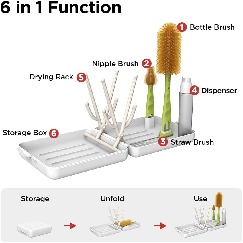 YOTIME Travel Bottle Brush, Travel Bottle Cleaner Kit with Foldable Bottle Drying Rack, for Visit Friends and Relations, Baby Travel Essentials, BPA Free, Green