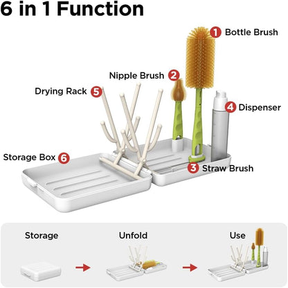 YOTIME Travel Bottle Brush, Travel Bottle Cleaner Kit with Foldable Bottle Drying Rack, for Visit Friends and Relations, Baby Travel Essentials, BPA Free, Green