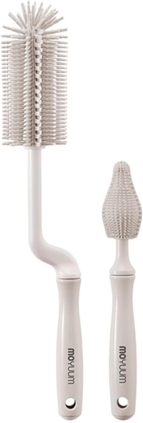 Moyuum Silicone Baby Bottle and Nipple Brush Set | Made in Korea, 360 Degree Rotating Handle, Soft Bristles, Hanging Hole for Quick Drying and Storage, Dishwasher Safe (Cool Grey)