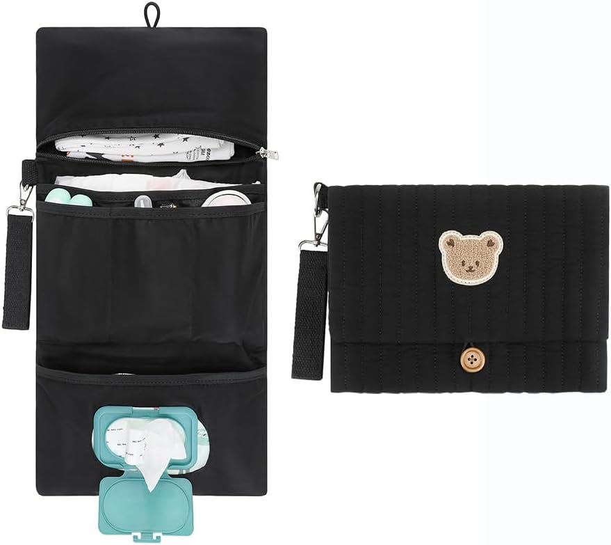 MOMIGO Baby Diaper Bag Organizer Pouches - Waterproof Pod Foldable Diaper Organizer Set, Cute Bear Bag Gift for Baby Shower (Black)