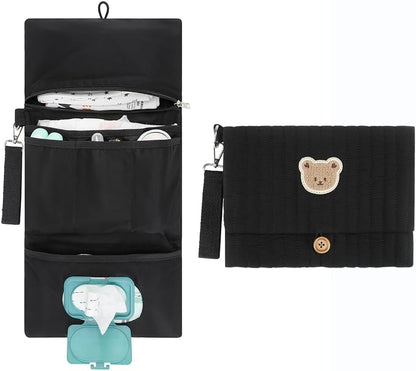 MOMIGO Baby Diaper Bag Organizer Pouches - Waterproof Pod Foldable Diaper Organizer Set, Cute Bear Bag Gift for Baby Shower (Black)