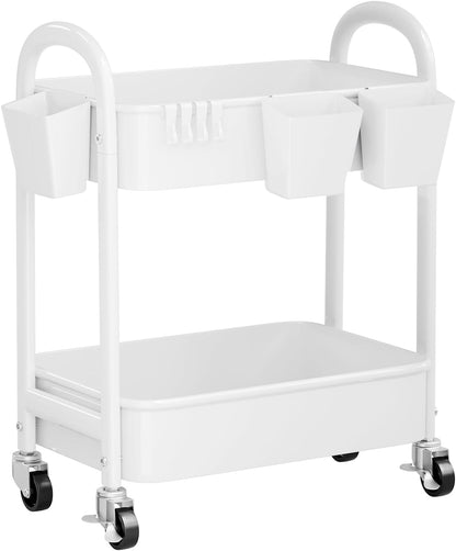 3 Tier Heavy Duty White Metal Rolling Cart with Lockable Wheels, Three Tier Roller Book Snack Cart, Utility Storage Organizer Carts for Kitchen, Bathroom, Garage, Baby Diaper, Craft, Art, Teacher