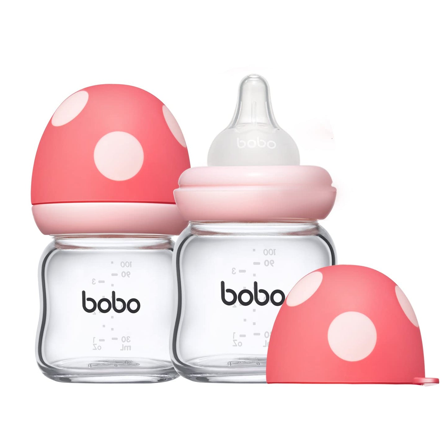 YOHKOH Natural Glass Baby Bottle with Level 1 Slow Flow Nipple, Newborn Anti-Colic Baby Bottles, Wide Neck Mushroom Baby Glass Bottle (Multicolour-A, 3.4oz (Pack of 4))