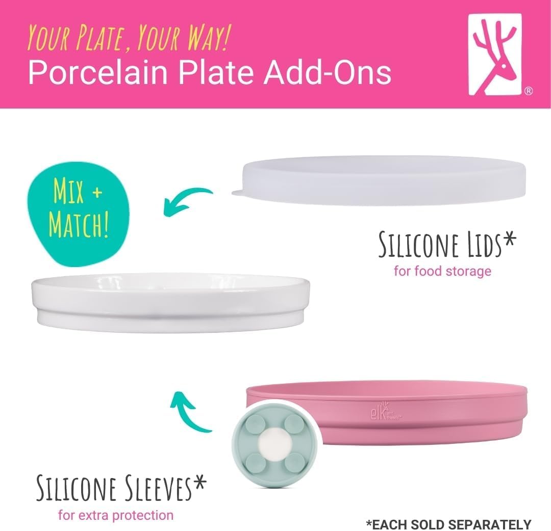 Elk and Friends Kids 7.8” Porcelain Divided Plates with Silicone Sleeves | Suitable for Babies/Kids/Toddlers | Microwave & Dishwasher Safe | Non Slip | Snack Dishes