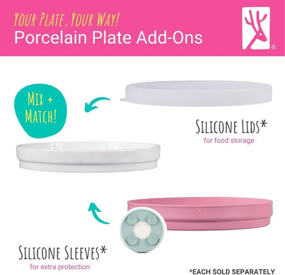Elk and Friends Kids 7.8” Porcelain Divided Plates with Silicone Sleeves | Suitable for Babies/Kids/Toddlers | Microwave & Dishwasher Safe | Non Slip | Snack Dishes