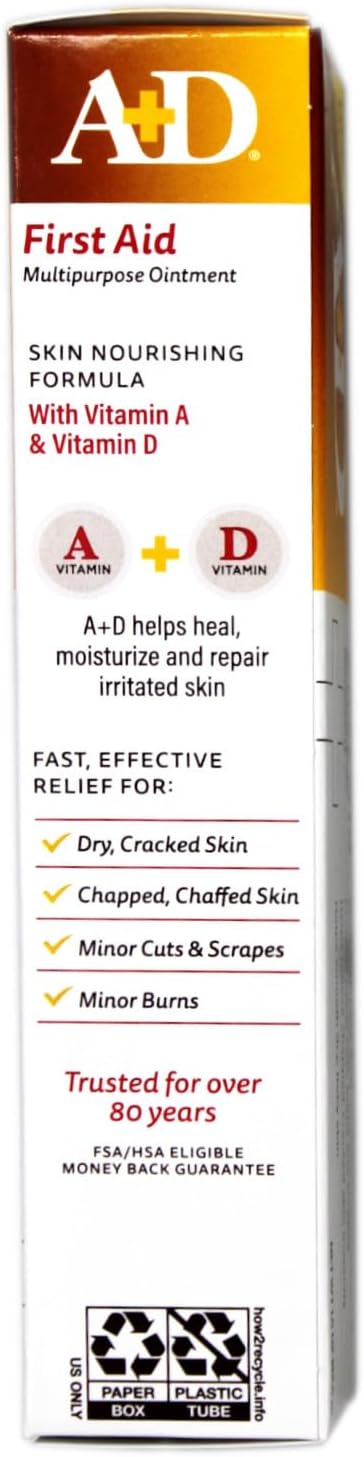 A+D First Aid Multipurpose Healing Ointment - Moisturizing Skin Protectant for Dry Cracked Heels, Elbows, Hands and Lips - Protects Minor Cuts, Burns, & Scrapes – 4 oz Tube