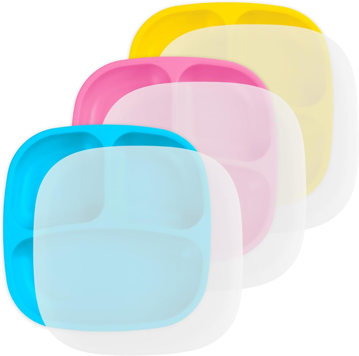 Re-Play Toddler Plates with Dividers - Deep-Walled 3 Compartments Divided Plates for Kids - Dishwasher & Microwave Safe - Made in USA - Set of 3-7.37" x 7.37" x 1.25" - Beach Baby