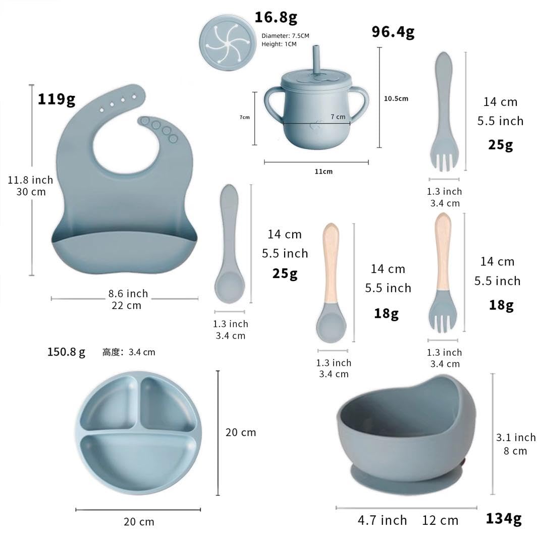 7-Piece Silicone Baby Feeding Set, Non-Toxic Plates and Utensils, Includes Divided Plate, Suction Bowl, Sippy Cup, Bib, Spoons and Fork (blue)