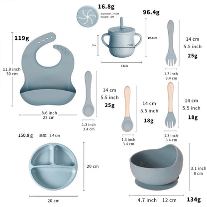 7-Piece Silicone Baby Feeding Set, Non-Toxic Plates and Utensils, Includes Divided Plate, Suction Bowl, Sippy Cup, Bib, Spoons and Fork (blue)