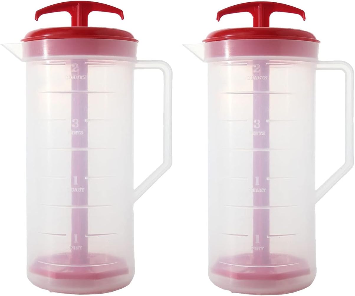 JBK Pottery 2-Quart White Mixing Pitcher with Plunger – BPA-Free Plastic Mixing Jug for Juice, Milk, Tea, Shakes, and More – Dishwasher-Safe, Spill-Proof Lid, Smart Stirring Design