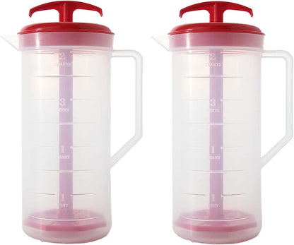 JBK Pottery 2-Quart White Mixing Pitcher with Plunger – BPA-Free Plastic Mixing Jug for Juice, Milk, Tea, Shakes, and More – Dishwasher-Safe, Spill-Proof Lid, Smart Stirring Design