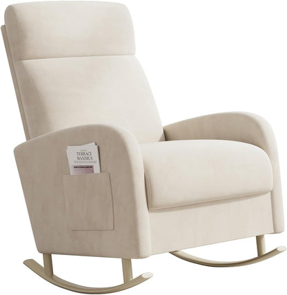 HIPIHOM Rocking Chair Nursery, Upholstered Glider Chair with Side Pocket, Modern Nursery Chair with High Backrest and Rubber Metail Legs, Accent Armchair for Living Room Bedroom Indoor (Beige Velvet)