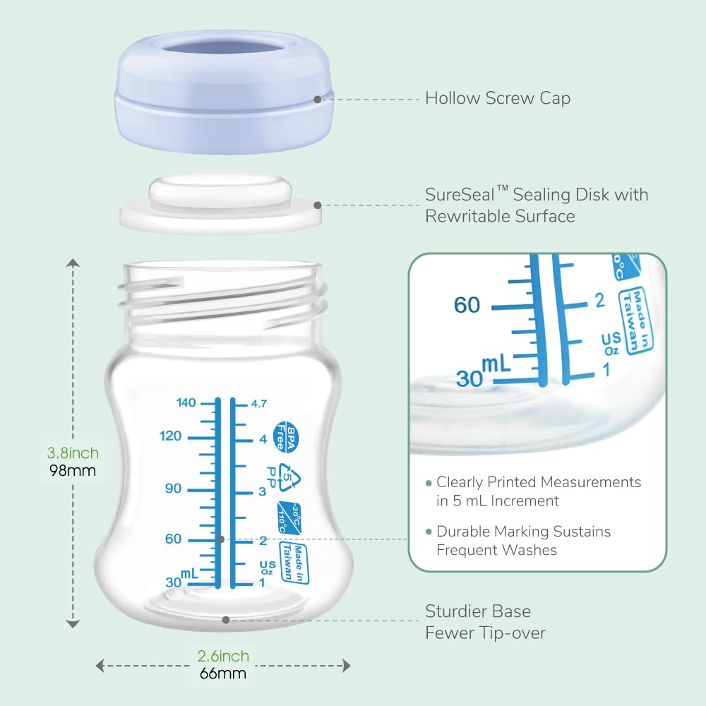 Maymom Wide-Mouth Milk Storage Feeding Collection Bottle with Nipple, Dome Cap, Bottle Top, SureSeal Sealing Disk; Compatible with Spectra Pump/Motif Luna; 5 pc (4.7Oz/140mL)